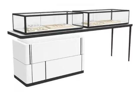 Stainless Steel Desk Jewelry Store Showcase with Lockable Electrical Drawers and Glass Shelves